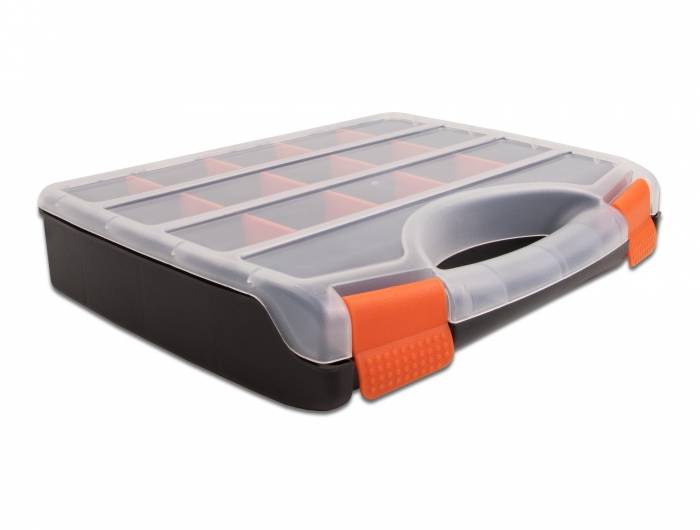 Kunststoff-Aufbewahrungsbox mit durchsichtigem Deckel, orangefarbenen Verschlüssen und mehreren unterteilten Fächern für kleine Gegenstände