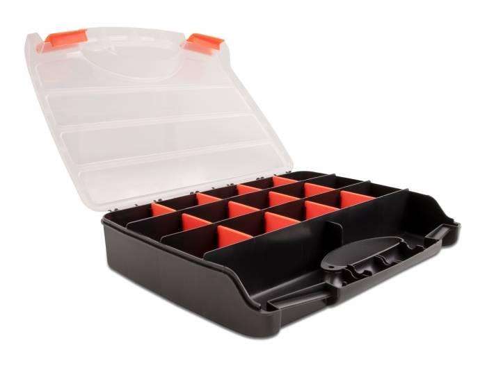 Offene schwarze Kunststoff-Organizer-Box mit durchsichtigem Deckel und verstellbaren roten Trennern, geeignet zur Aufbewahrung von kleinen Gegenständen.
