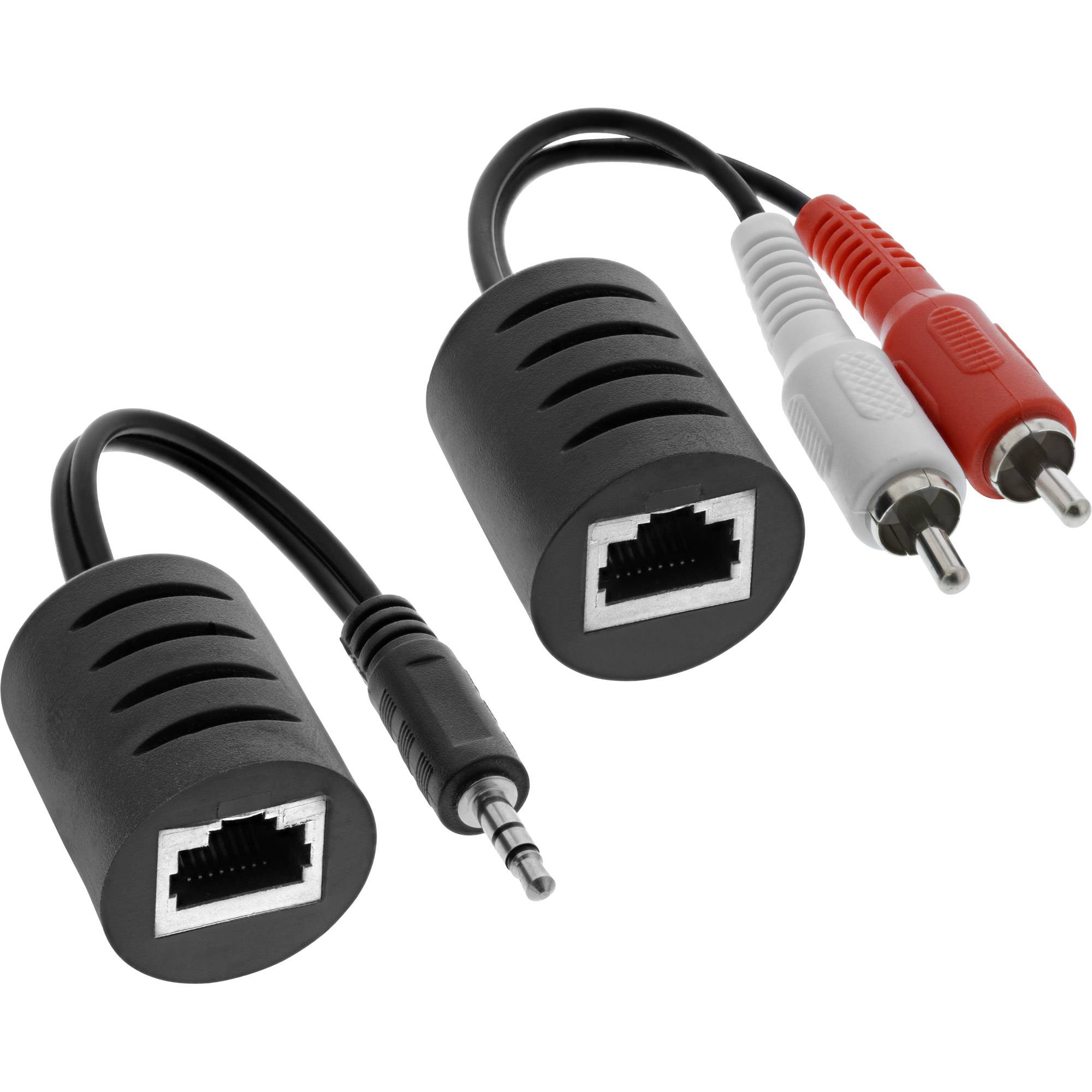 Zwei schwarze Audioadapter: jeder hat einen weiblichen Anschluss im Ethernet-Stil und ein Steckerende; einer endet in einer 3,5-mm-Buchse, der andere in roten und weißen RCA-Steckern.