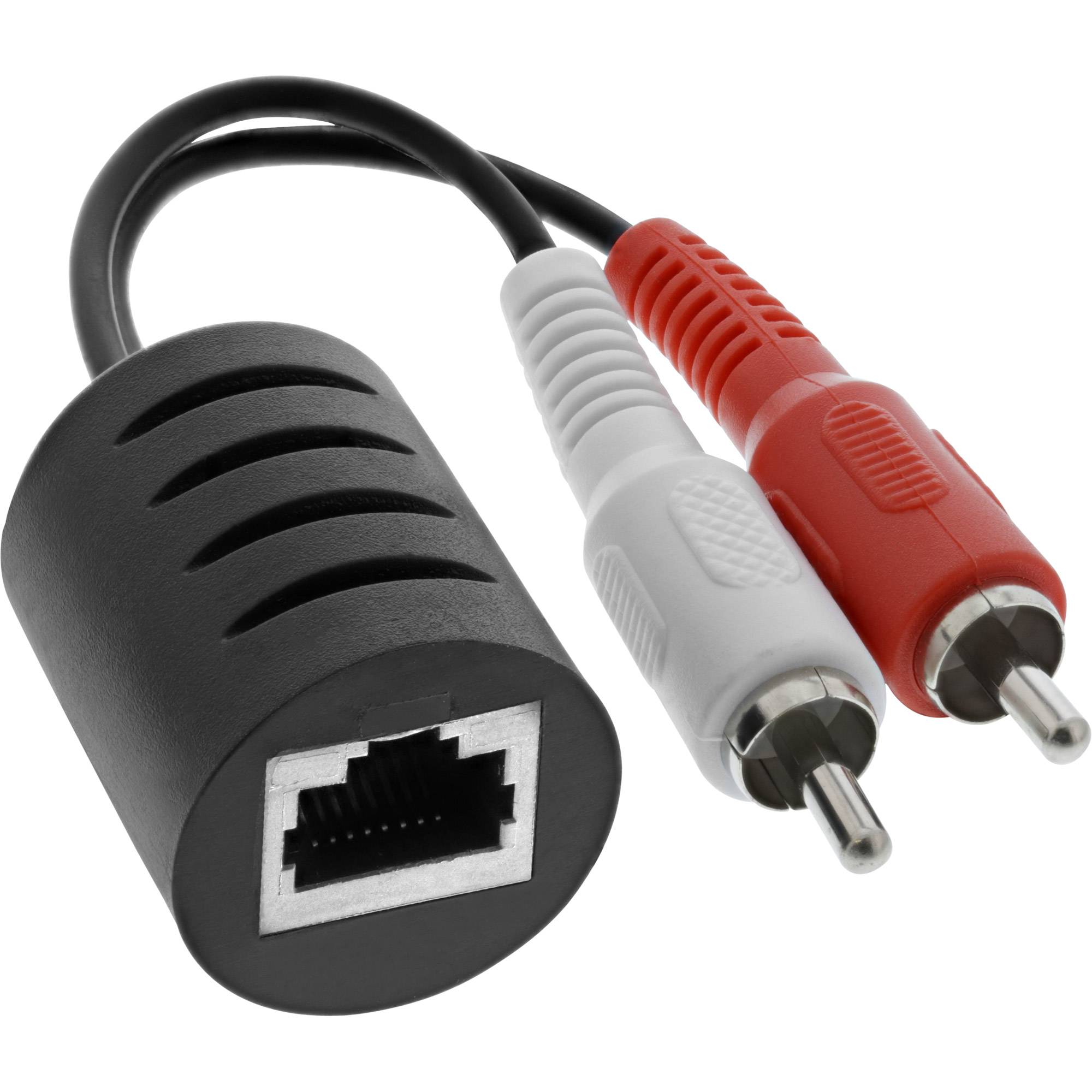 Ethernet-zu-RCA-Adapterkabel mit einer weiblichen RJ45-Buchse und roten/weißen Audio-/Videosteckern auf weißem Hintergrund.