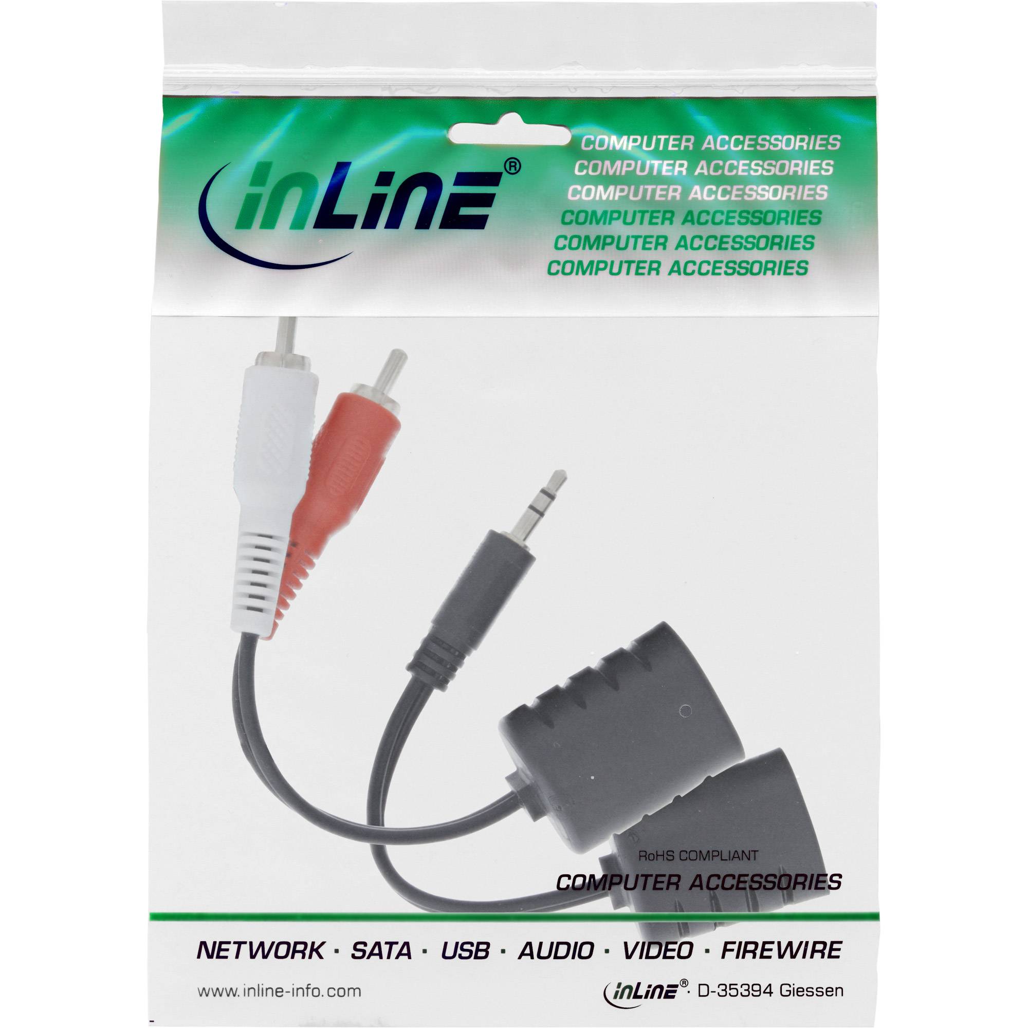 Paket mit InLine-Computerzubehör, das Audioadapterkabel mit roten, weißen und schwarzen RCA- und 3,5-mm-Steckern zeigt, die mit Netzwerk, SATA, USB, Audio, Video und Firewire gekennzeichnet sind.