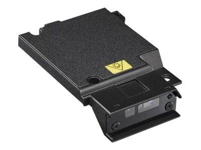 Schwarzes elektronisches Modul oder Sensorgerät mit Montageklammer und Warnschild, dargestellt auf weißem Hintergrund.