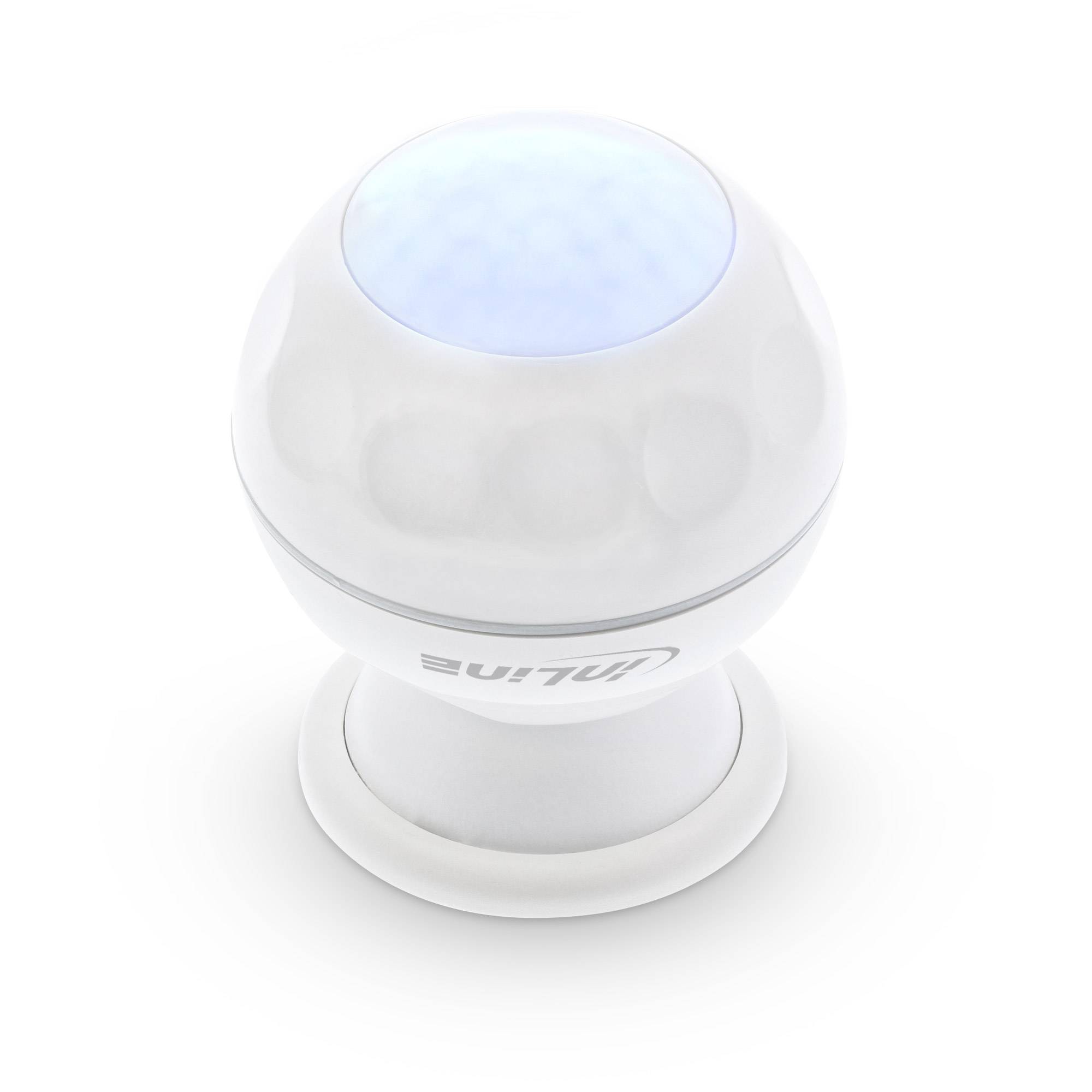 Weiße zylindrische LED-Leuchte oder ein Sensor mit leuchtender blauer Oberseite, dargestellt auf einfachem weißem Hintergrund.