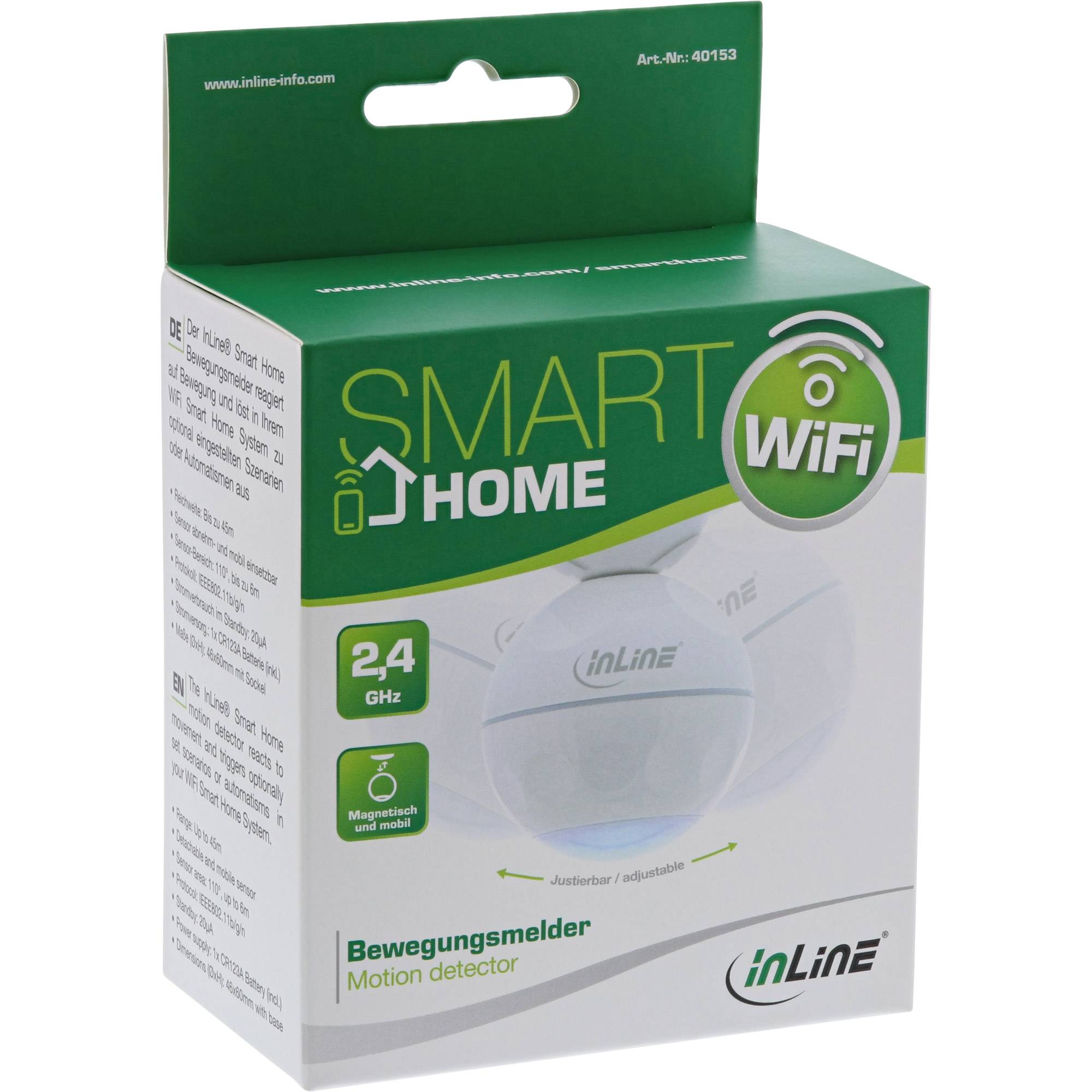 Einzelhandelverpackung für einen inLine Smart Home WiFi 2,4 GHz Bewegungsmelder, zeigt das Geräteabbild und den Produktnamen 'Bewegungsmelder'/'Motion detector'.