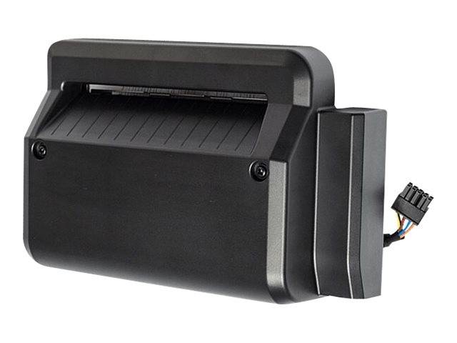 Schwarzes Thermodrucker-Modul für Quittungen mit Papierschacht und Kabelstecker, isoliert auf weißem Hintergrund dargestellt.