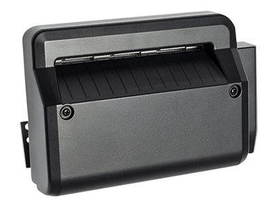 Schwarzer wandmontierter Papierhandtuchspender mit aufklappbarem Deckel und Seitenhalterung.