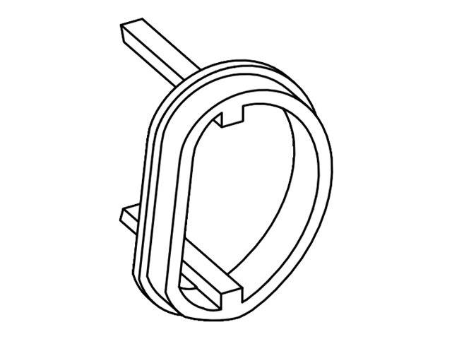 3D-Linienzeichnung einer ringförmigen Klammer oder Spannvorrichtung mit rechteckigem Griff, perspektivisch auf ebenem Hintergrund dargestellt.