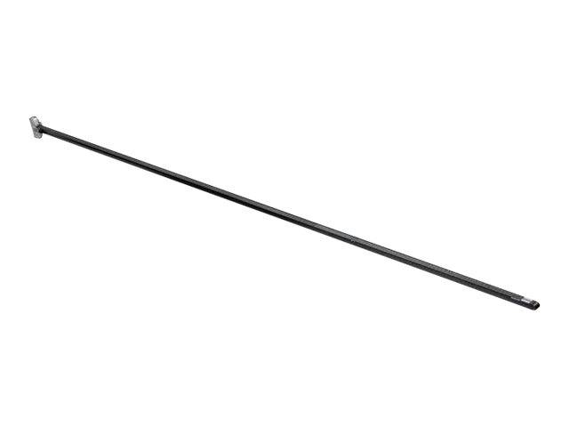 Langer schwarzer Metallstab mit einer kleinen Armatur an einem Ende, diagonal auf einem einfachen weißen Hintergrund dargestellt.