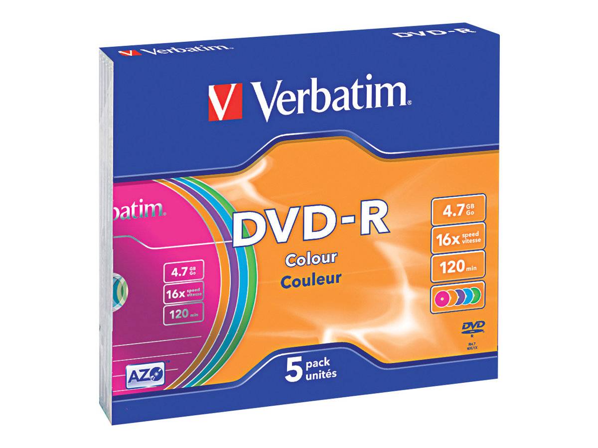 Verbatim DVD-R 5er-Packung, mit Aufschrift 4,7 GB, 16x Geschwindigkeit, 120 Minuten, mit farbenfroher Disc-Grafik.