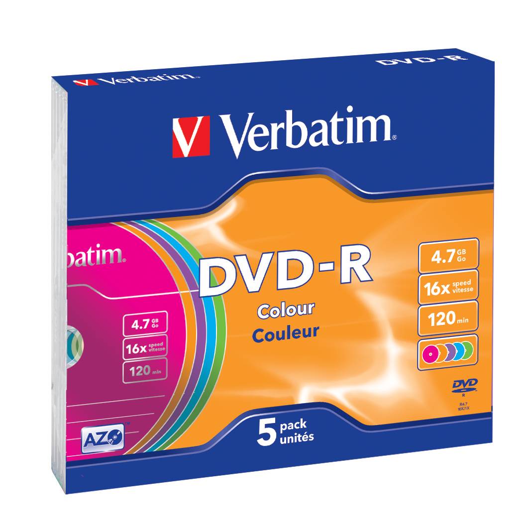 Verbatim DVD-R 5er-Pack-Karton in blauer, orangefarbener und magentafarbener Verpackung, gekennzeichnet mit 4,7 GB, 16x Geschwindigkeit und 120 Min.