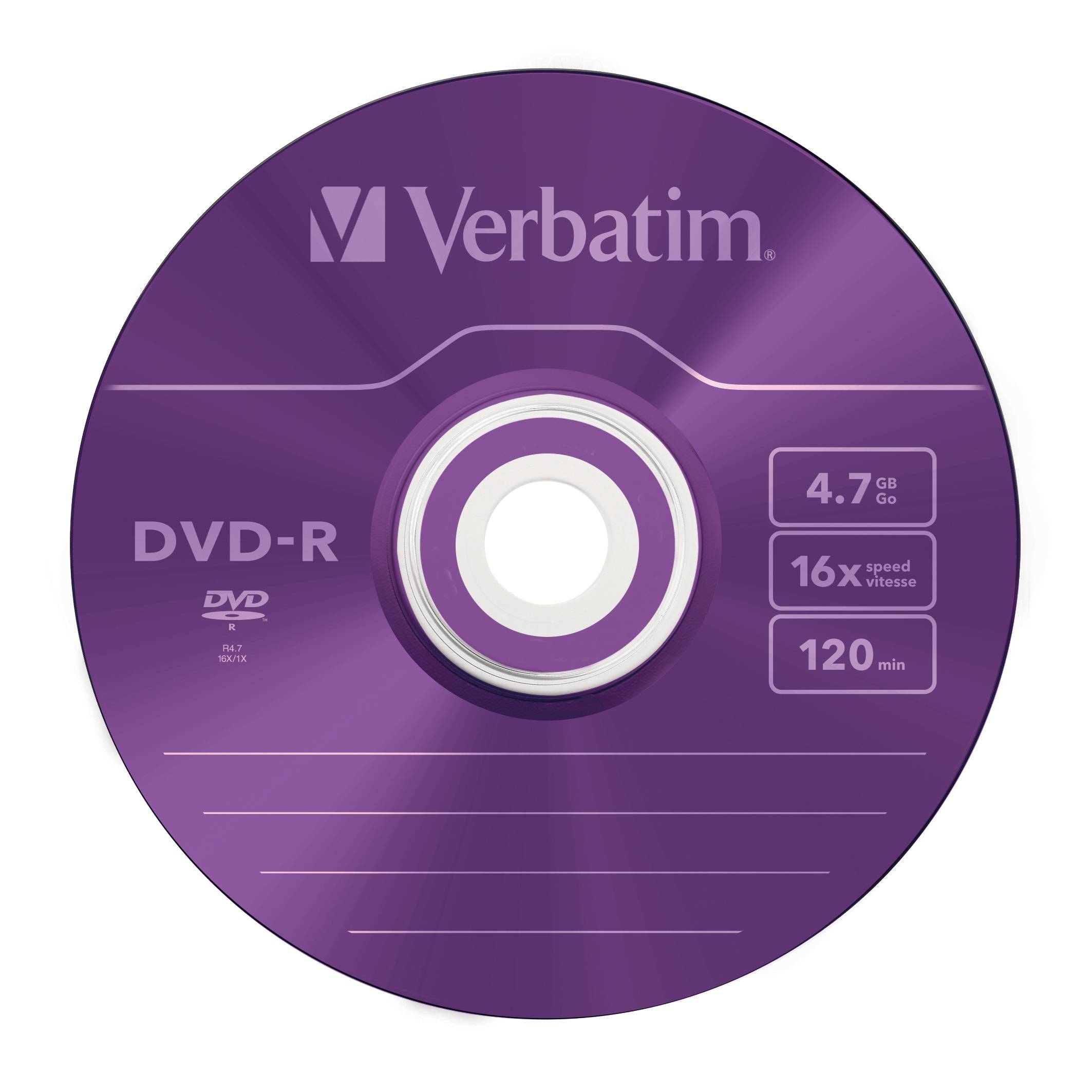 Lila Verbatim DVD-R Disc-Etikett zeigt 4,7 GB Kapazität, 16x Geschwindigkeit und 120 Minuten Aufnahmezeit.