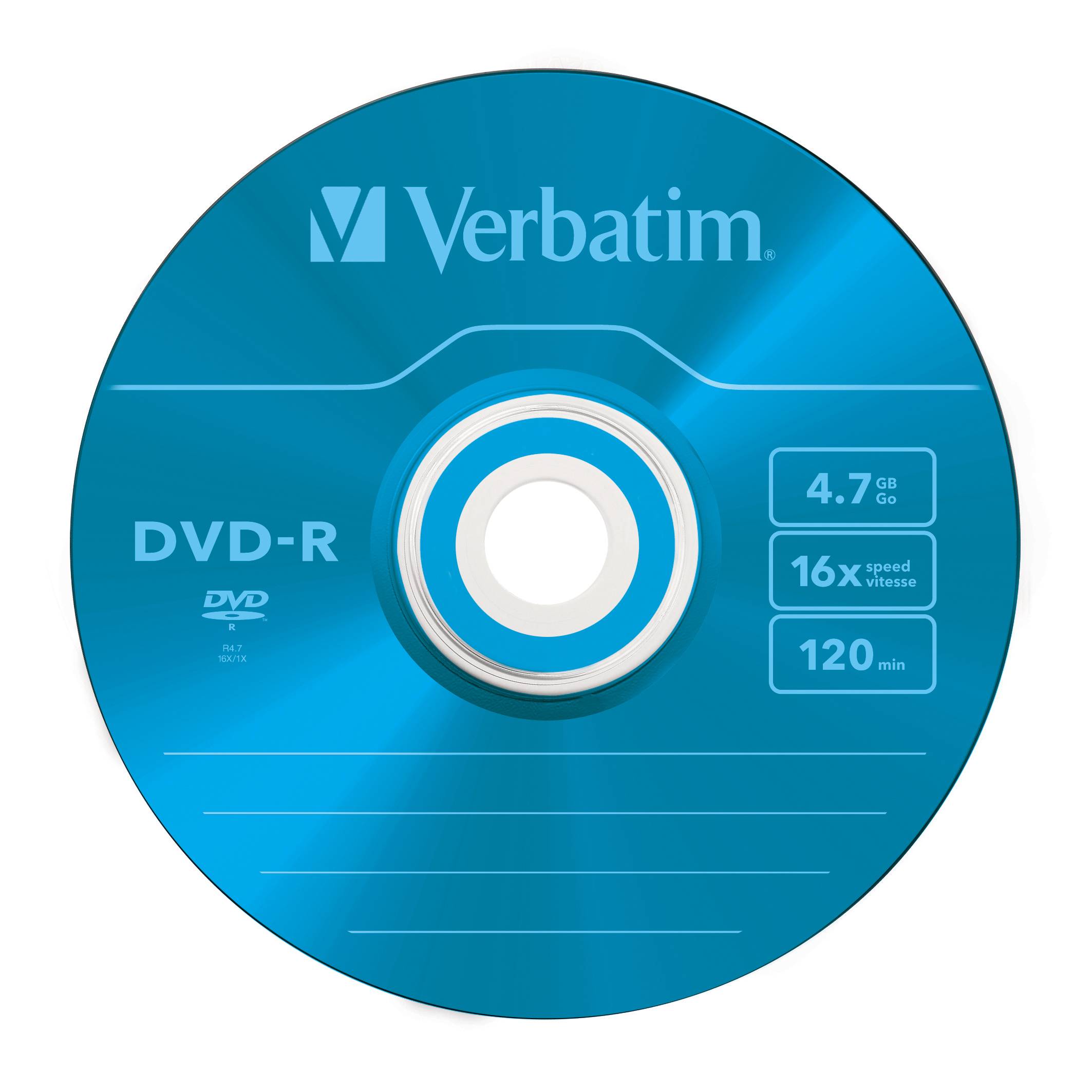 Blaue Verbatim DVD-R-Disc mit der Bezeichnung 4,7 GB, 16x Geschwindigkeit und 120 Min.