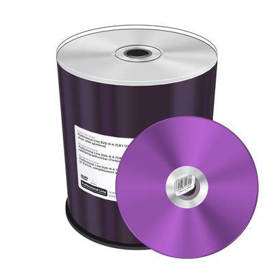 Violette DVD-Spindel-Box mit einem Stapel leerer Discs und einer Disc, die vorne lehnt, in einer produktstylisierten Verpackungsansicht.