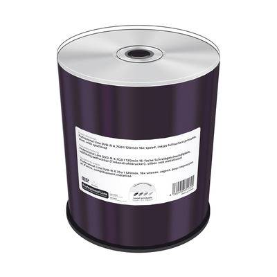 Stapel leerer DVD-Rohlinge in einer violetten Spindel-Packung mit weißem Produktetikett und sichtbarem oberen Dischusloch.