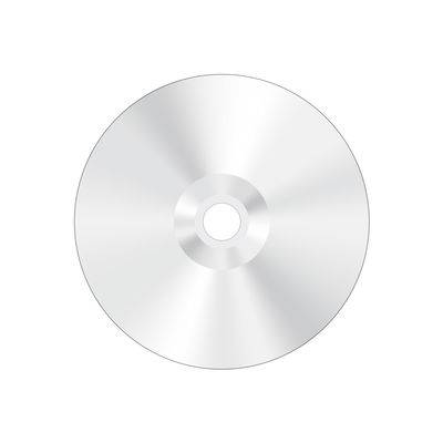 Eine leere silberne Compact Disc zentriert auf weißem Hintergrund.