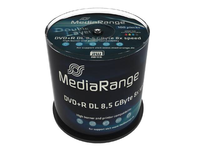 Eine Spindel mit 100 MediaRange DVD+R DL Discs, beschriftet mit 8,5 GB und 8x Geschwindigkeit.