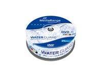 Eine Spindel von Memorex WaterGuard DVD-R Discs in blau-weißer Verpackung auf weißem Hintergrund.