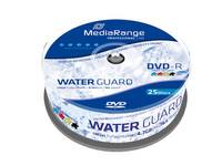 Spindel mit MediaRange Water Guard DVD-R Discs, 25er-Pack, in blau-weißer Verpackung.