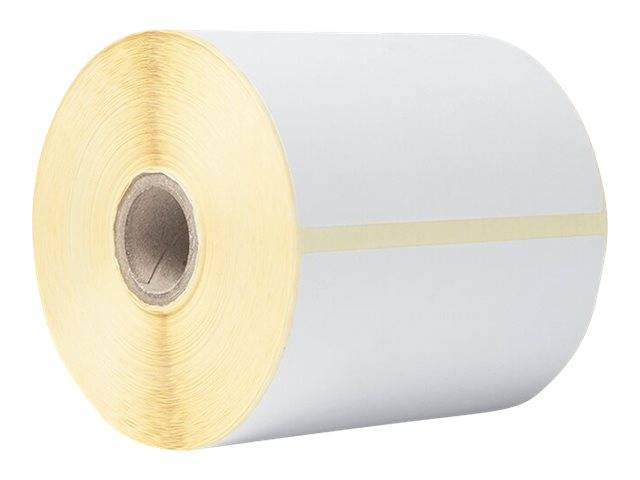 Große Rolle weißer Haftungsetiketten oder Papier auf einem Pappkern, in der Seitenansicht vor einem einfachen Hintergrund dargestellt.