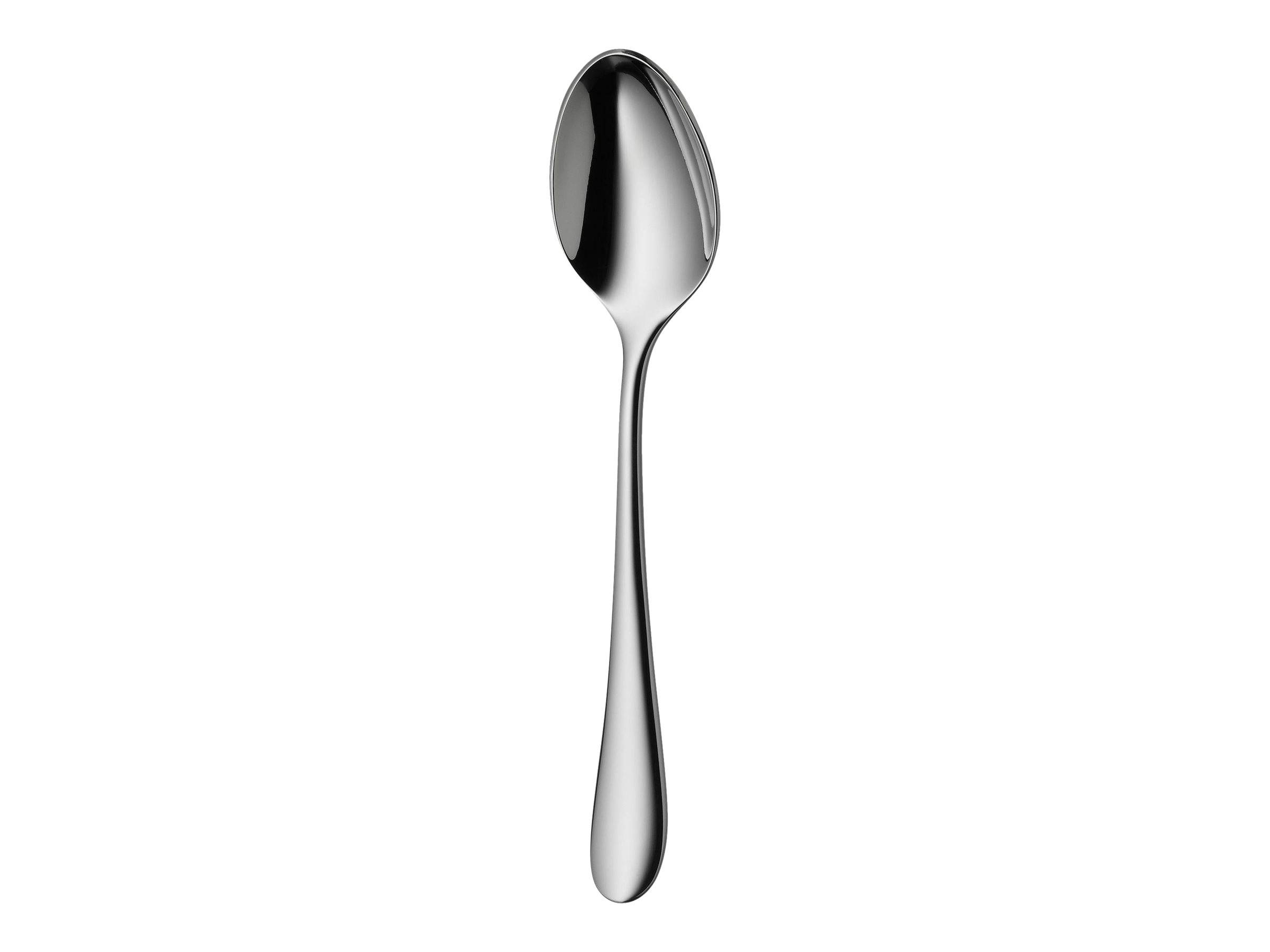 Ein einzelner glänzender Metalllöffel auf einem schlichten weißen Hintergrund.