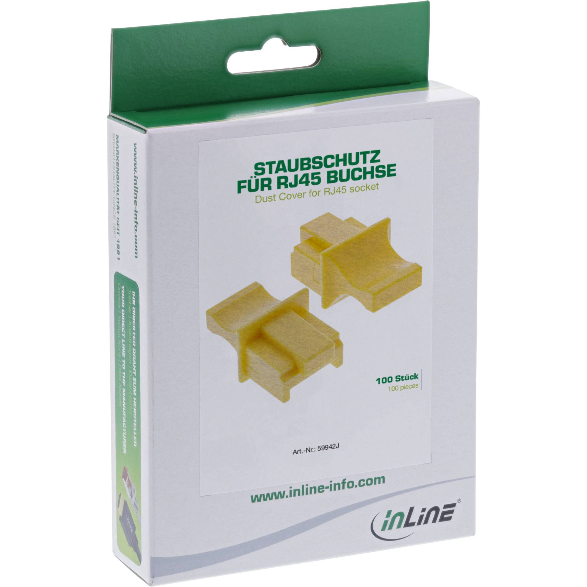 Verpackung für RJ45-Staubschutzkappen, gekennzeichnet mit „STAUBSCHUTZ FÜR RJ45 BUCHSE