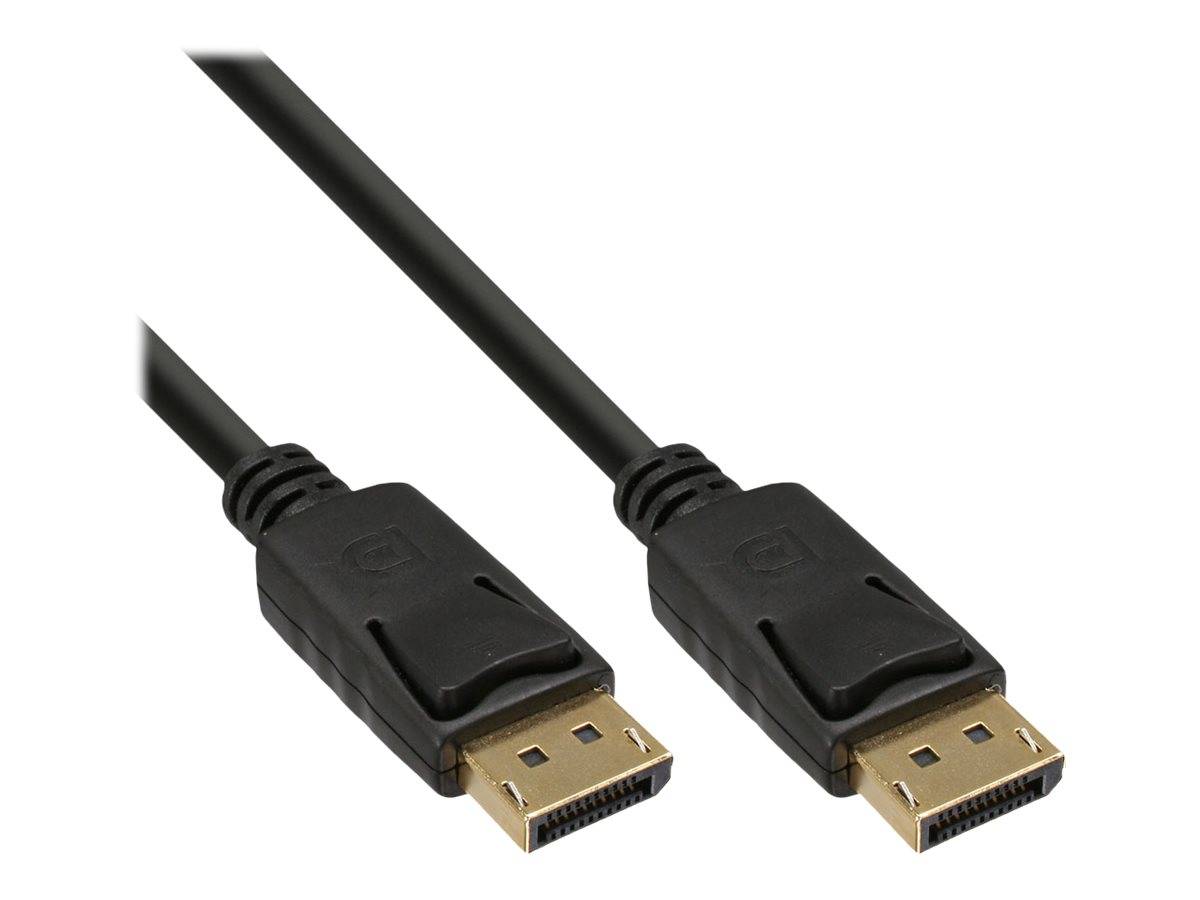 Zwei schwarze DisplayPort-Kabel mit vergoldeten Anschlüssen auf weißem Hintergrund.