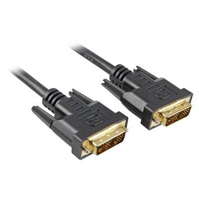 Zwei schwarze DVI-Kabelstecker mit vergoldeten Kontakten auf weißem Hintergrund gezeigt.