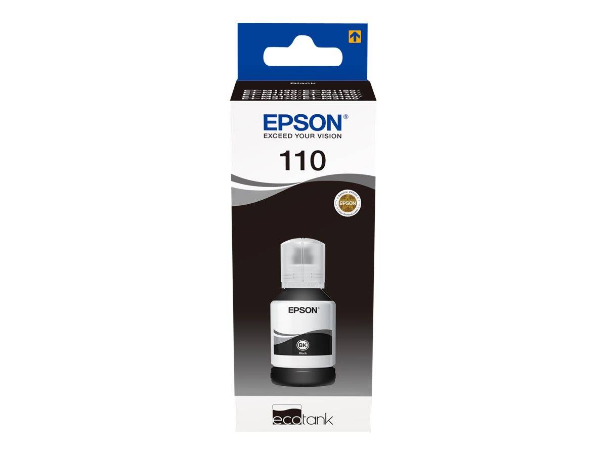 Epson 110 EcoTank-Tintenflasche Verpackung auf weißem Hintergrund dargestellt.