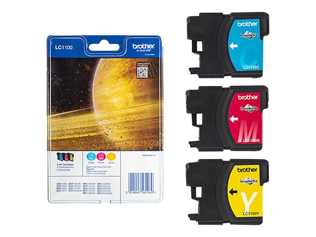 Brother LC1100 Tintenpatronenpack mit drei Patronen gezeigt: Cyan, Magenta und Gelb, neben der Einzelhandelsverpackung.