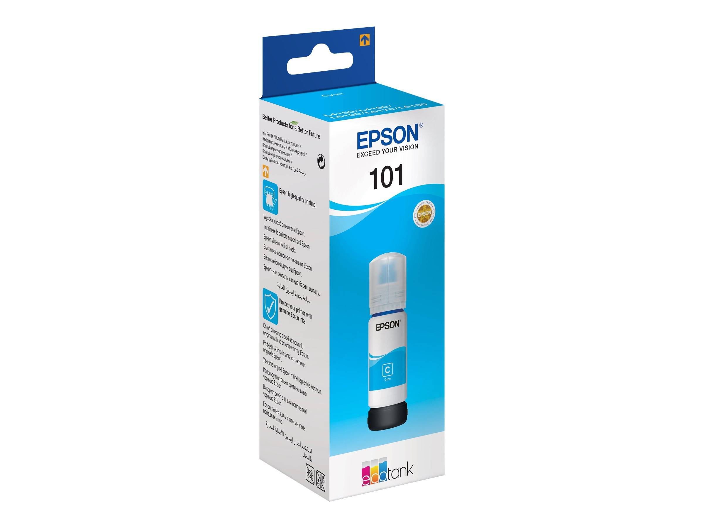 Epson EcoTank 101 cyan Tintenflasche Paket auf weißem Hintergrund gezeigt.