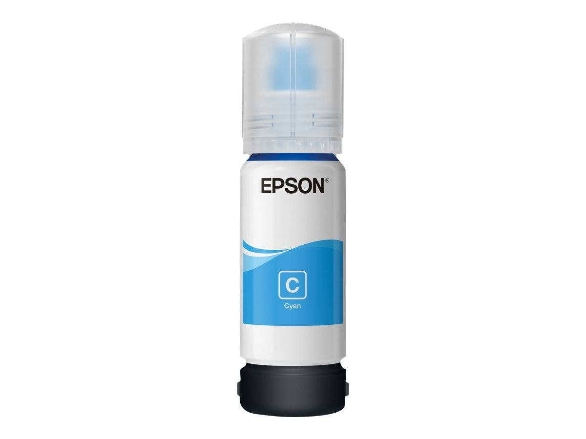Epson-Tintenflaschen in Cyan mit transparentem Deckel und blauem Etikett, aufrecht auf weißem Hintergrund dargestellt.