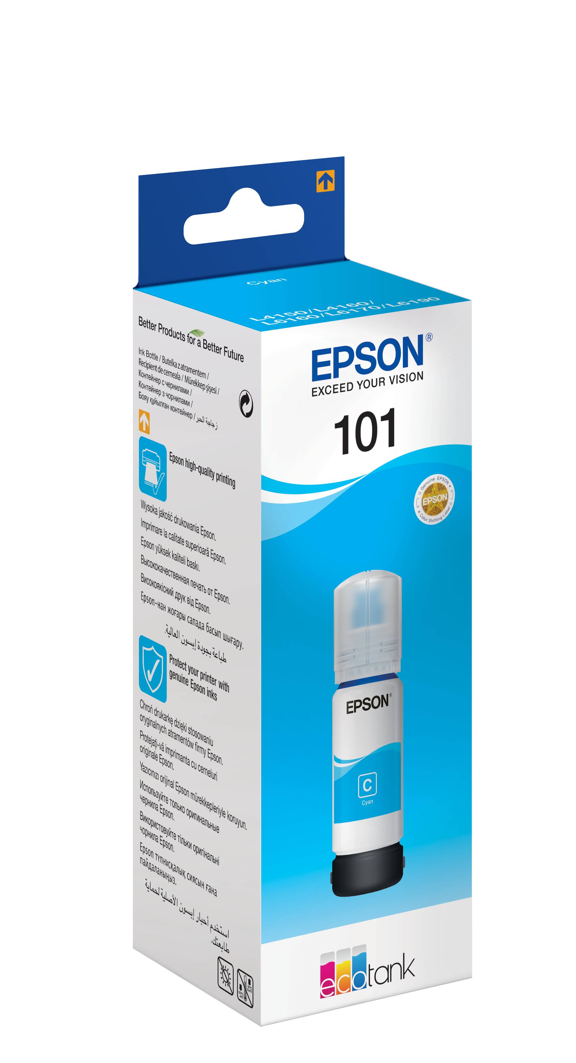 Epson 101 Cyan-Tintenflasche in Einzelhandelverpackung, gezeigt in Front- und Seitenansicht auf einer blau-weißen Schachtel.
