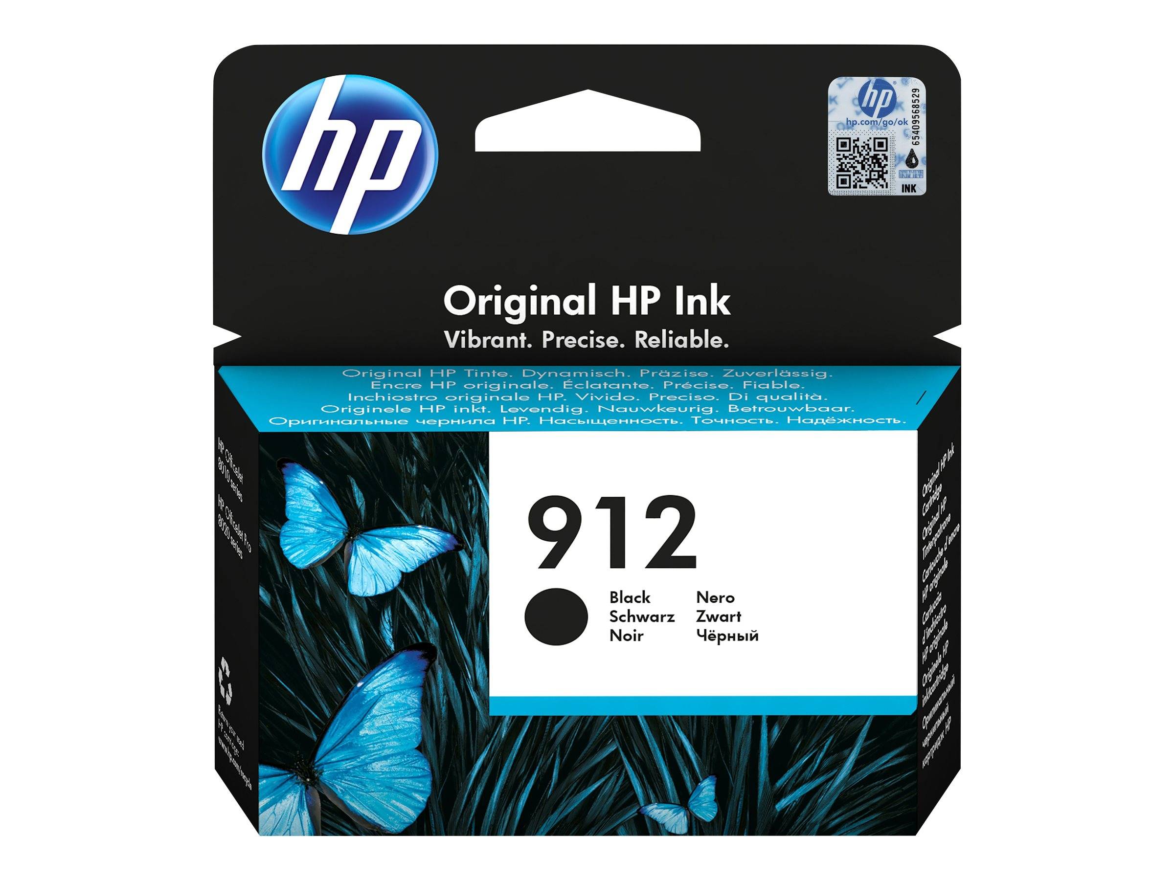 HP Original Tintenpatrone Verpackung für Modell 912, schwarz, mit blauem Schmetterlings-Design und HP-Logo.