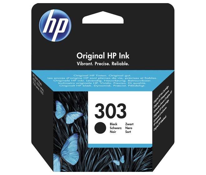 HP Tintenpatrone Verpackung mit '303 Schwarz', blauen Schmetterlingen und dem Text 'Original HP Tinte: Farbenfroh. Präzise. Zuverlässig.