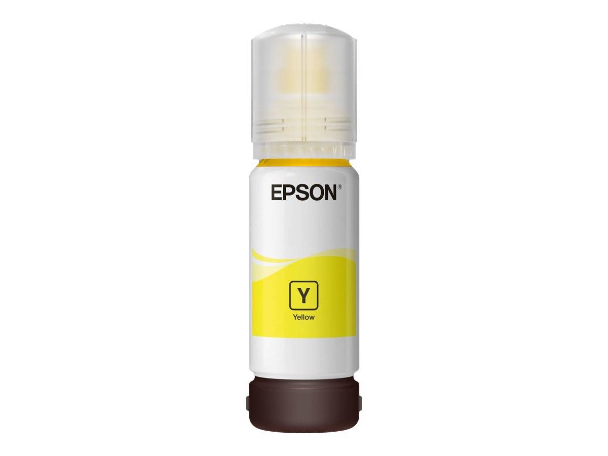 Eine gelbe Epson-Tintenflasche mit transparentem Deckel, beschriftet mit „Y