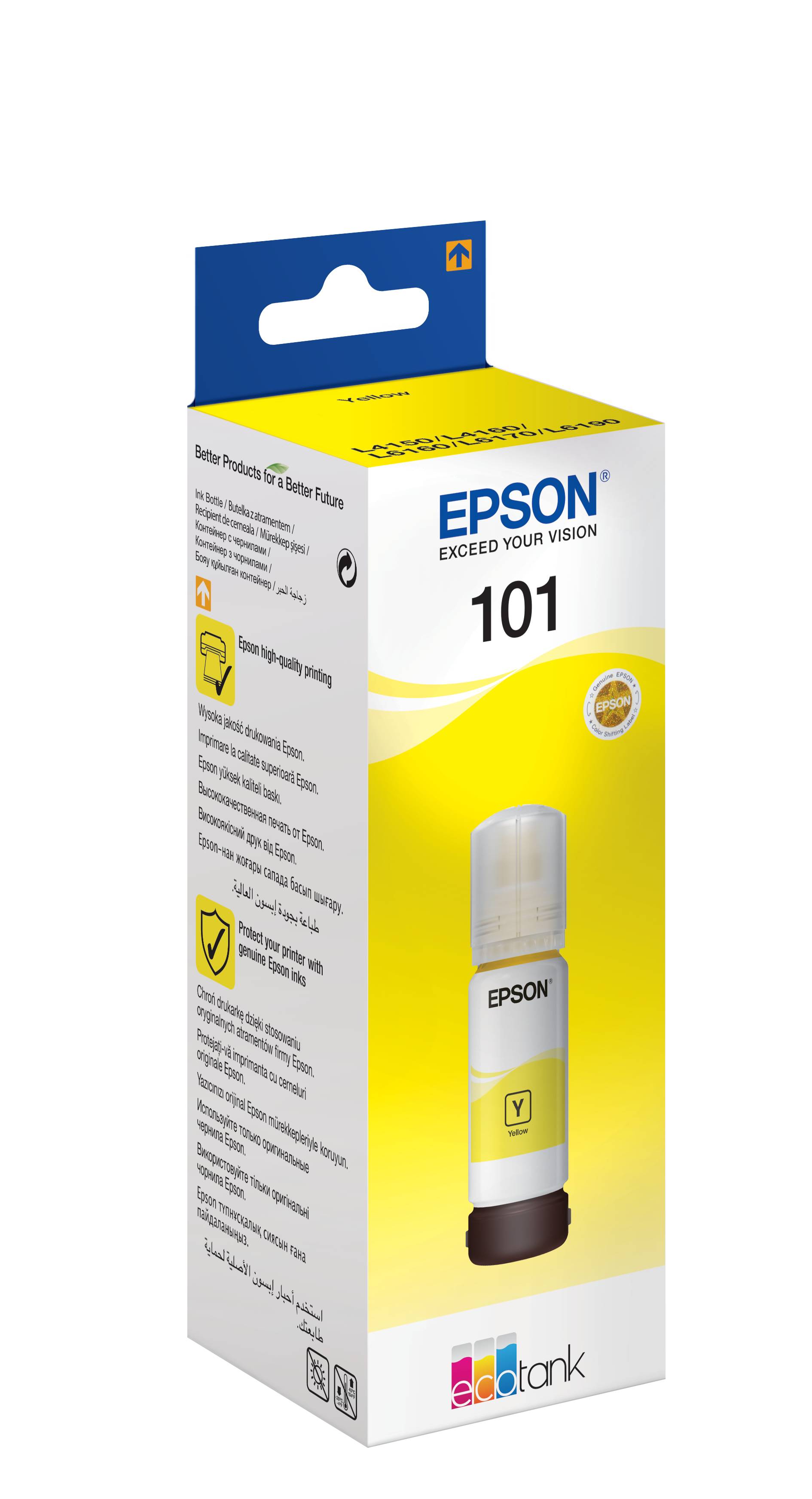 Epson 101 gelbe Tintenflasche in einer Schachtel mit „Epson Exceed Your Vision