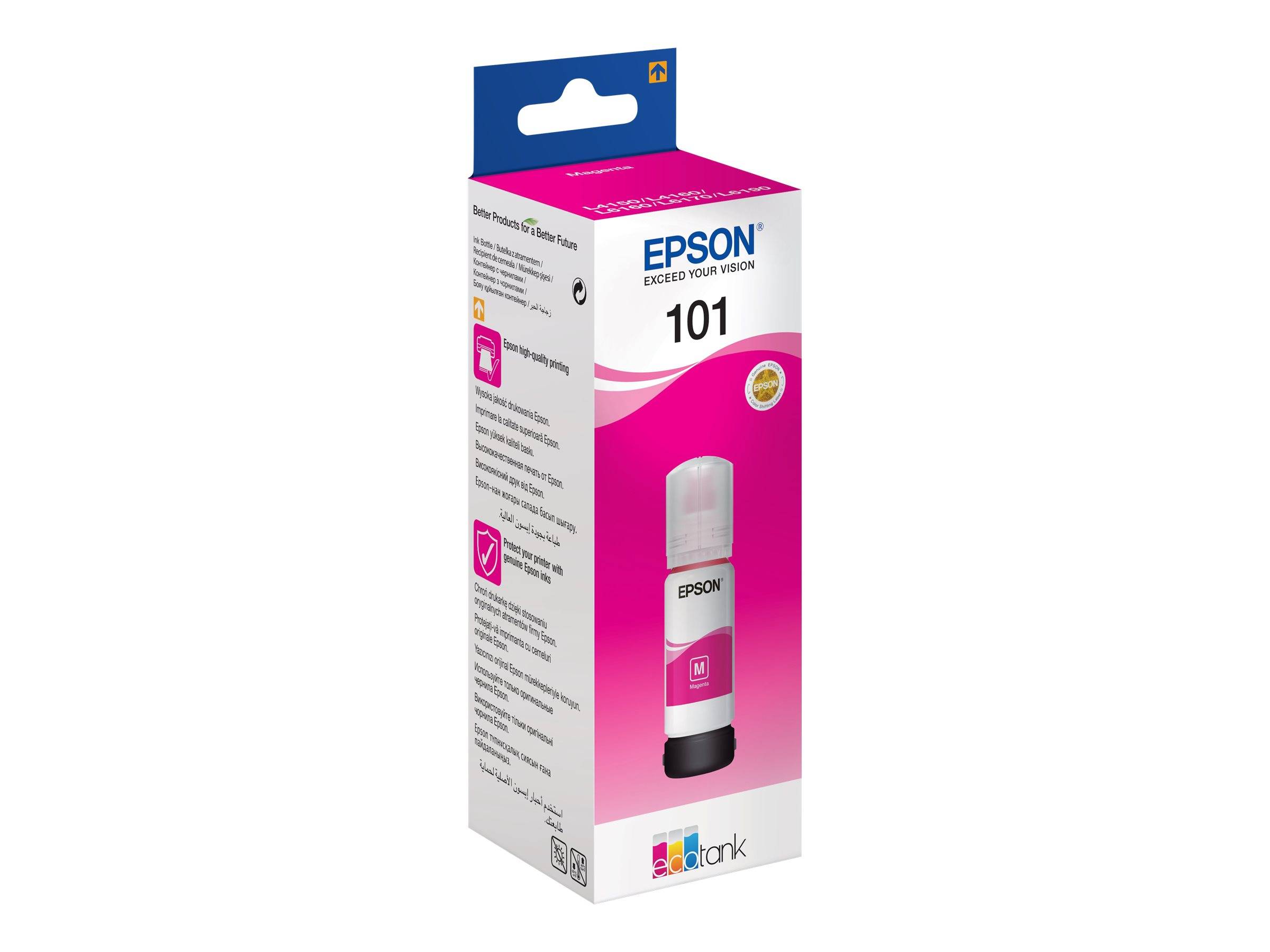 Epson EcoTank 101 magenta Tintenflasche Verpackung auf weißem Hintergrund.