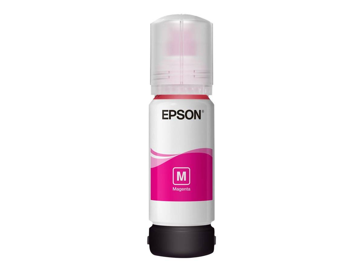 Epson Magenta-Tintenflasche mit schwarzem Boden und durchsichtigem Deckel, aufrecht auf weißem Hintergrund dargestellt.