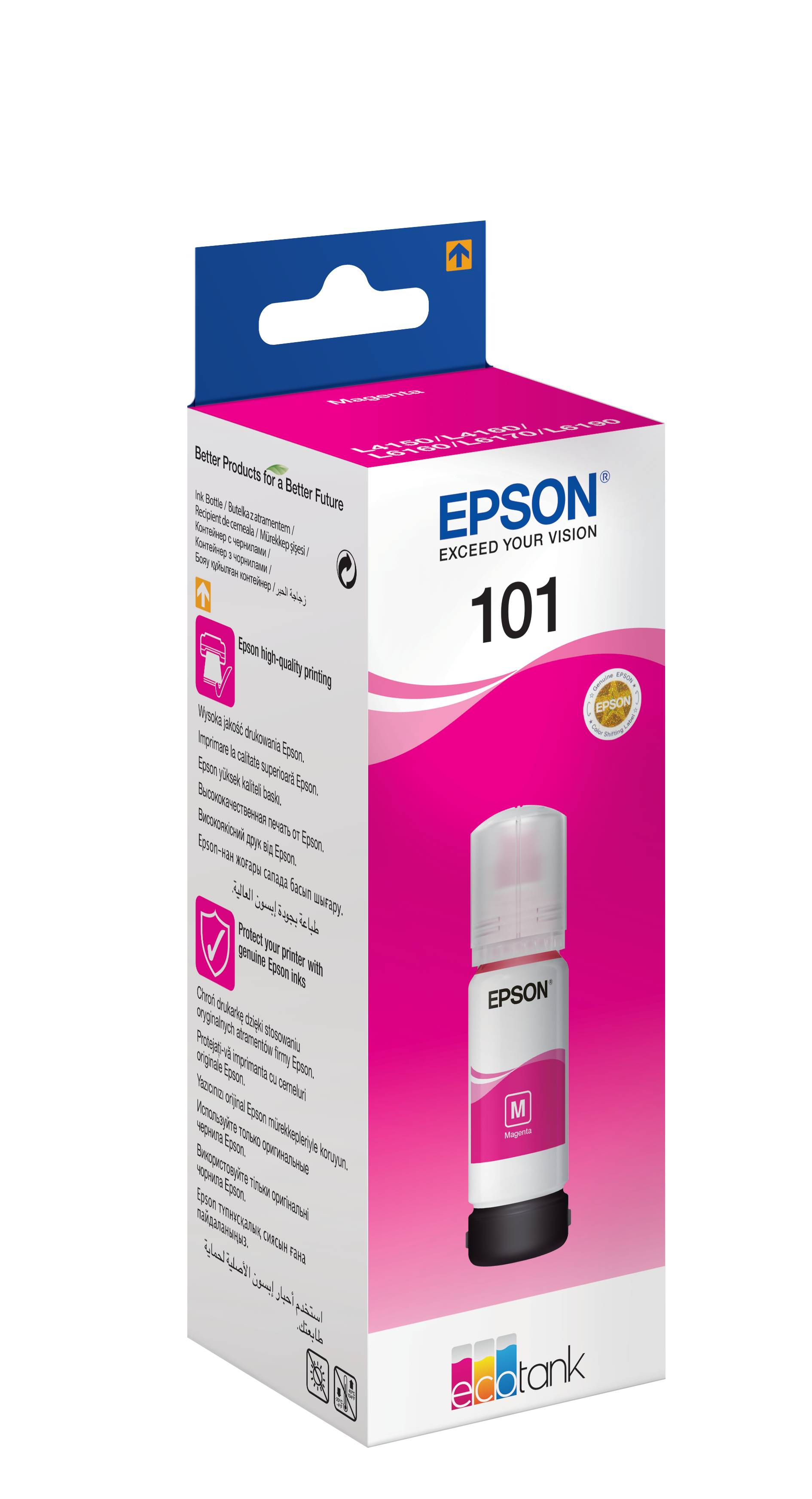 Epson 101 Magenta-Tintenflasche in Schachtel, dargestellt in 3D-Verpackung mit 