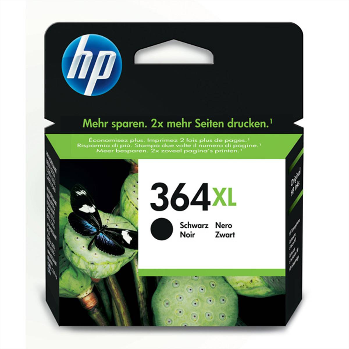 HP 364XL schwarze Tintenpatrone, Verpackung mit der Aufschrift „Mehr sparen. 2x mehr Seiten drucken.