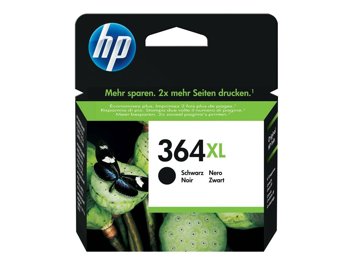 HP Druckerpatrone Paket mit Bezeichnung '364XL' in Schwarz, mit deutschem Text, der mehr gedruckte Seiten verspricht, und einem Schmetterling auf grünen Blättern.