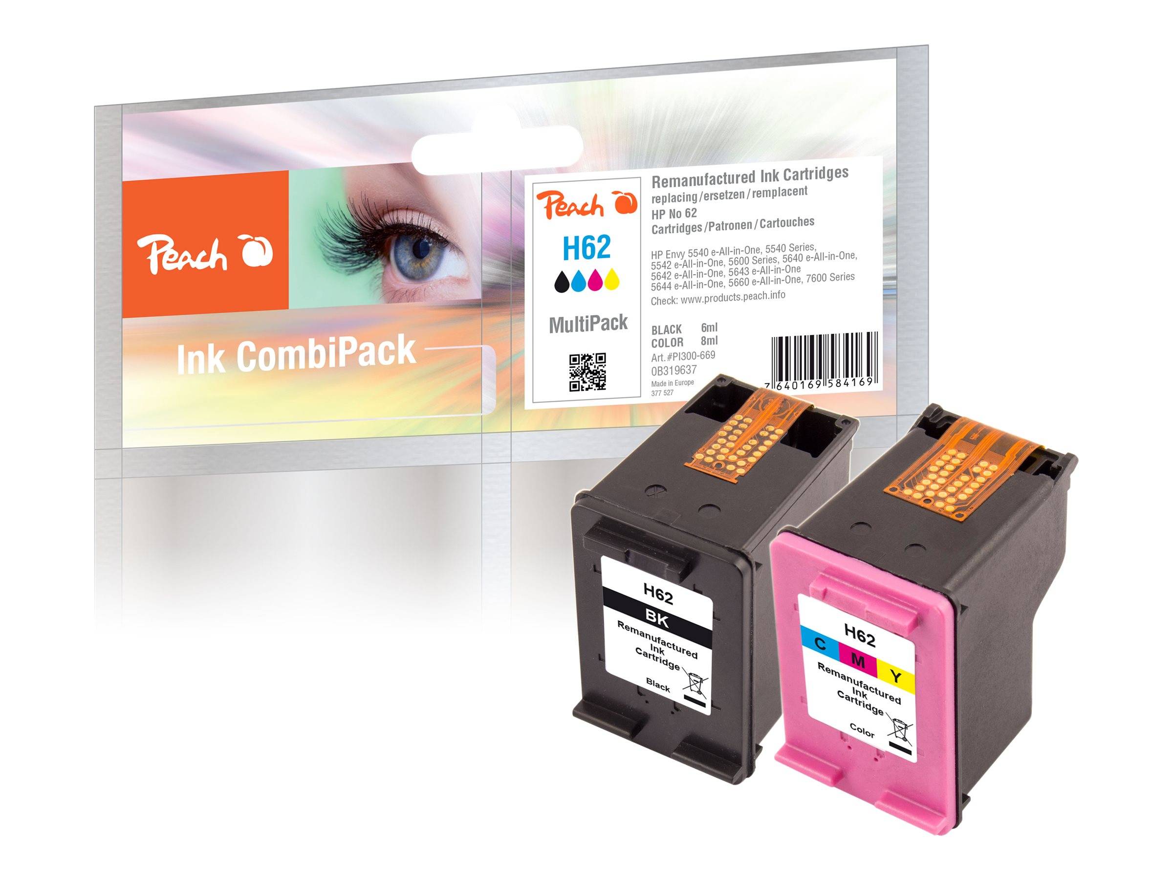 Peach Ink CombiPack Paket mit H62 Tintenpatronen, daneben zwei Ersatzpatronen in Schwarz und Farbe dargestellt.