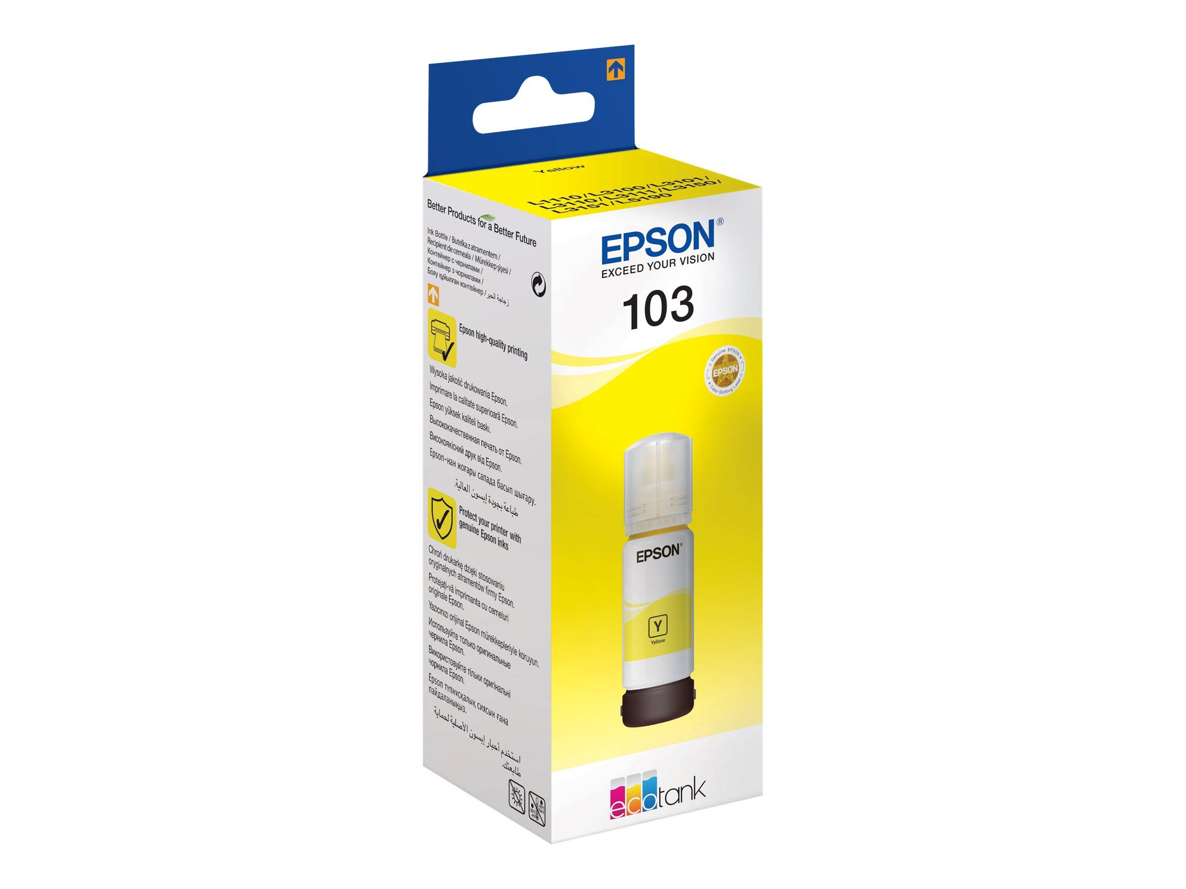 Epson 103 gelbe Tintenflsche in einer Verpackung in einer weißen und gelben Schachtel.