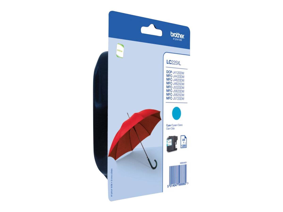 Brother LC225XL Tintenpatronenenpackung mit Regenschirmbild in Rot und Produktkompatibilitätsliste auf der Vorderseite.