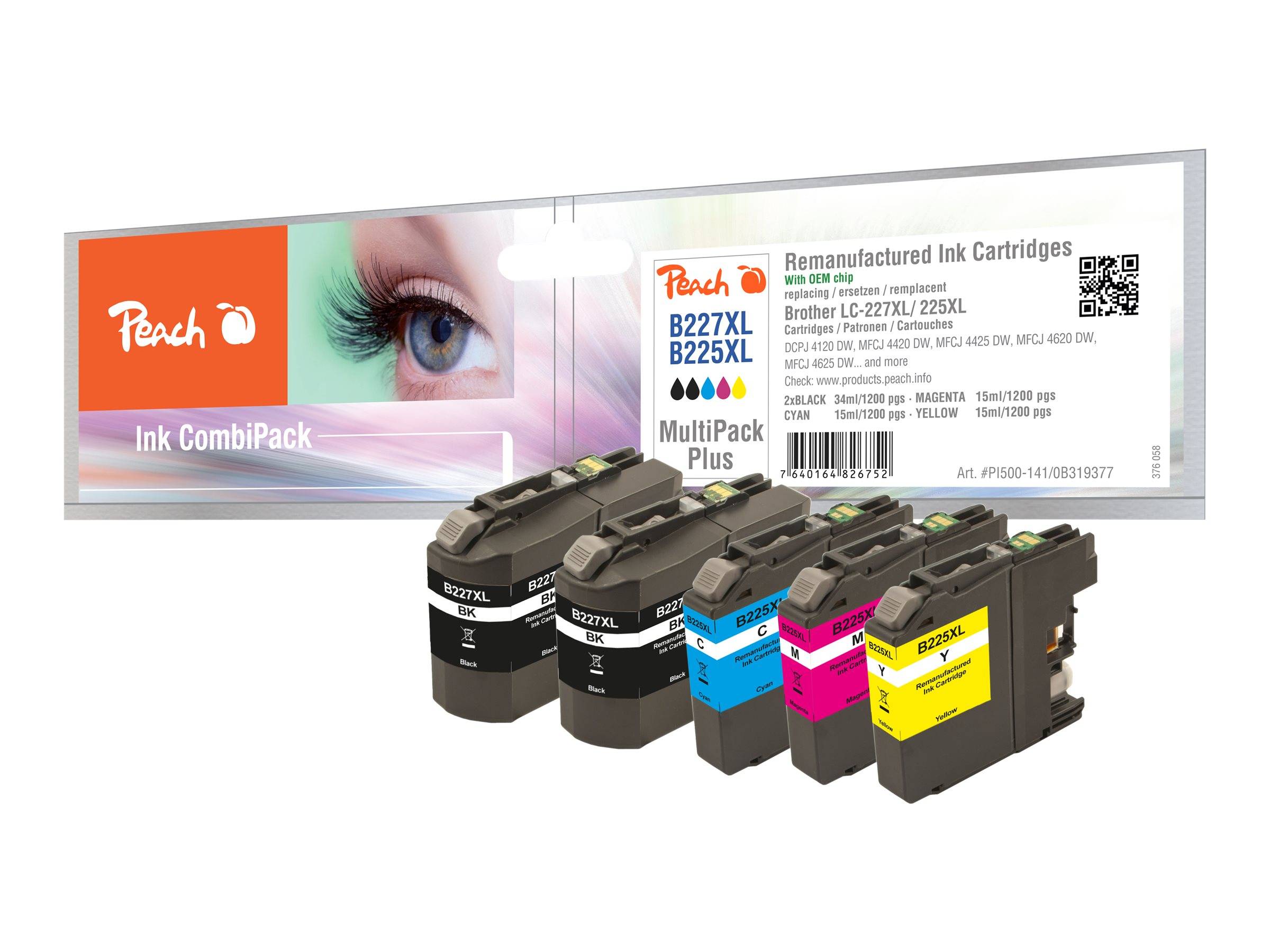 Peach Ink CombiPack Karton mit Augengrafik und vier aufbereiteten Tintenpatronen (Schwarz, Cyan, Magenta, Gelb) für B22XL/B22XXL Drucker.