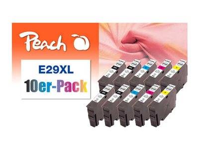 Peach E29XL 10er-Pack Tintenpatronen, gezeigt mit mehrfarbig gekennzeichneten Patronen und rosa Blumenhintergrund.