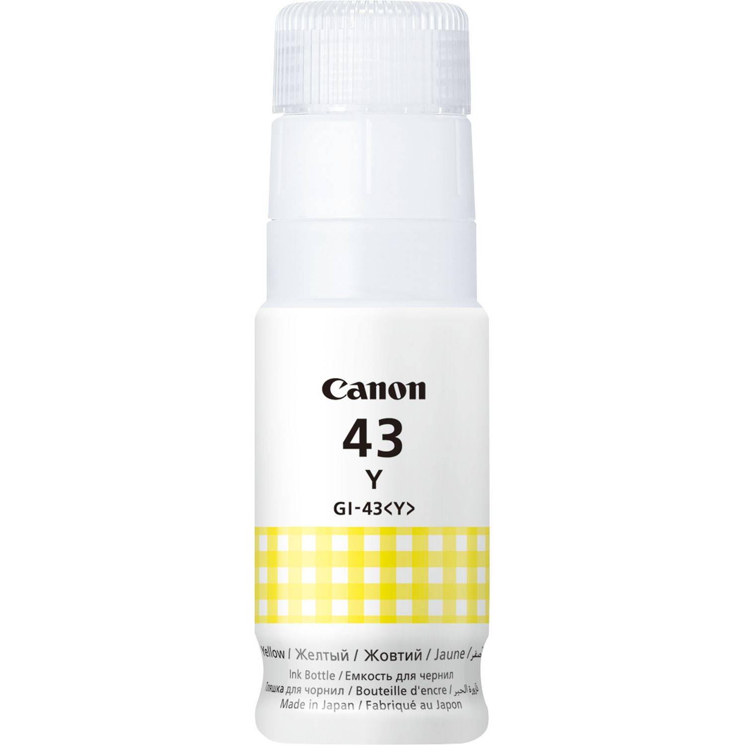 Canon 43 Y Gelbtintenflasche für einen Canon-Drucker, gekennzeichnet mit GI-43 mit einem gelben karierten Band.