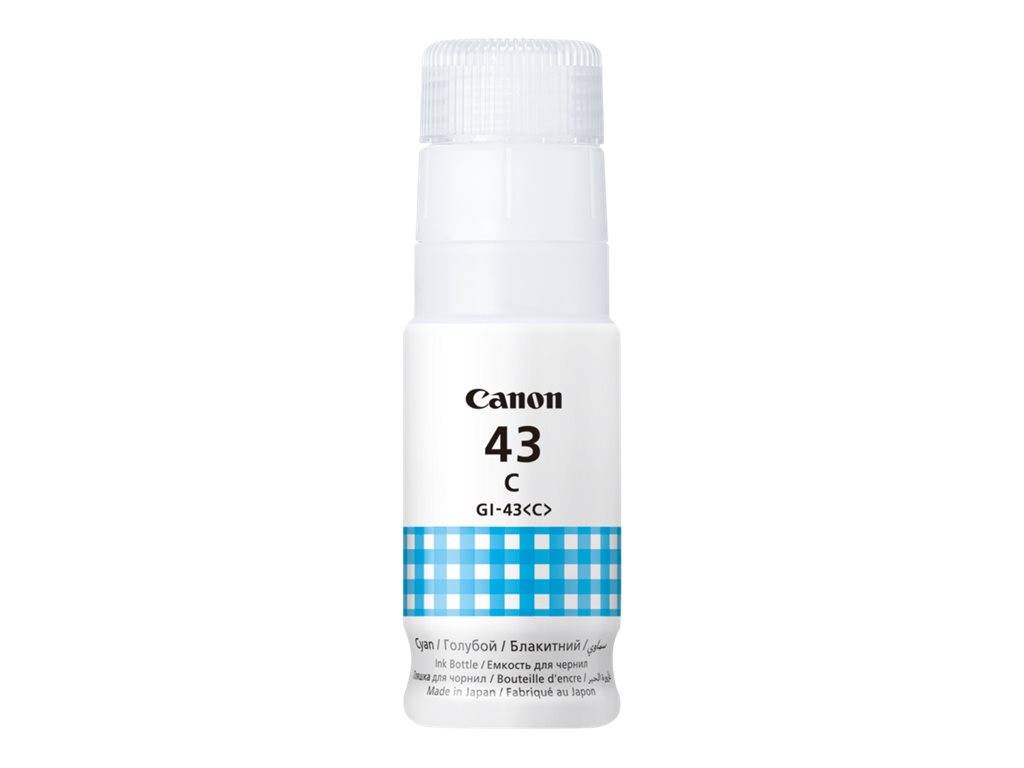 Canon 43 C GI-43C Cyan-Tintenflasche mit weißem Deckel und blaukariertem Etikett auf weißem Hintergrund.