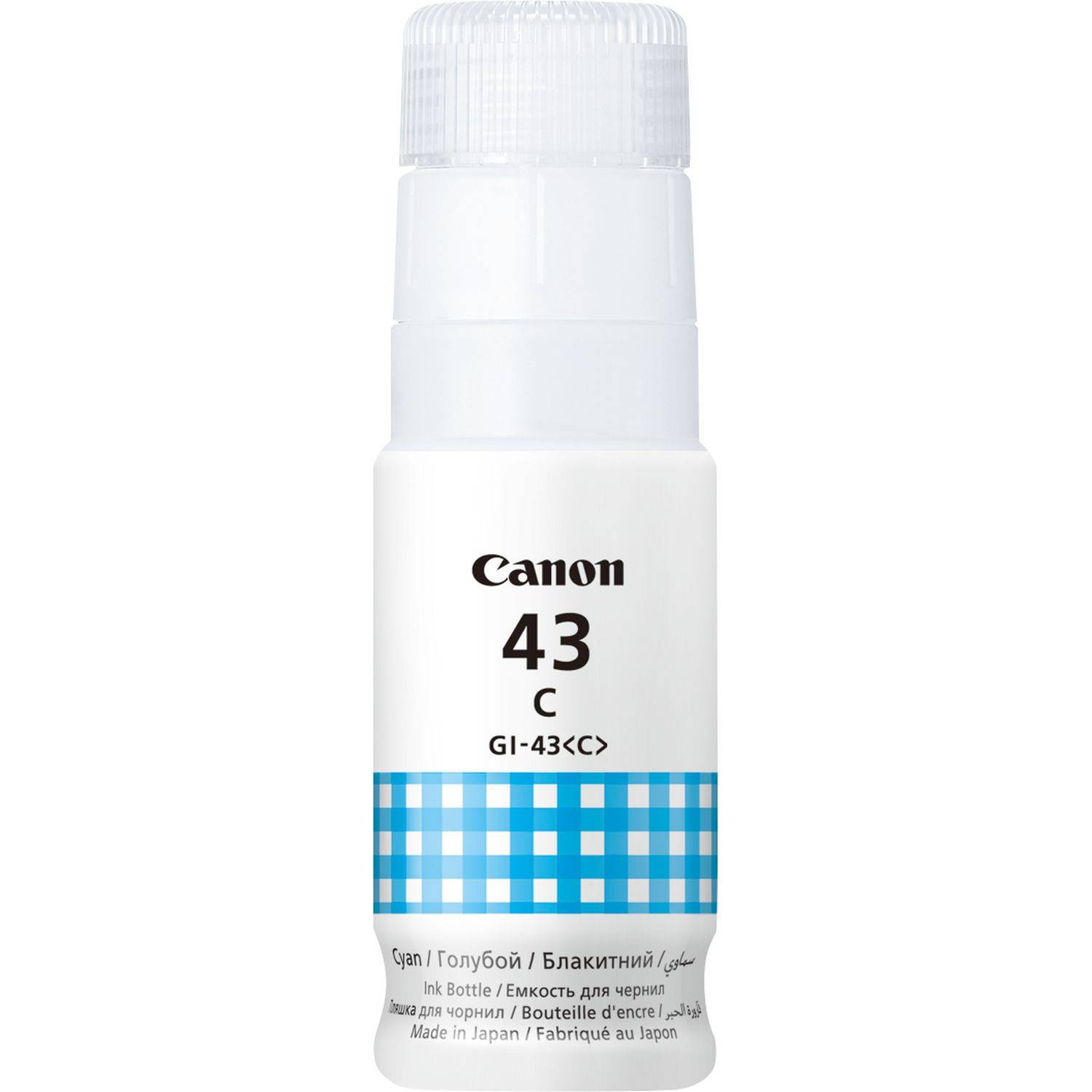 Canon 43 C GI-43 Tintenflasche mit blauem Karomuster-Etikett, gekennzeichnet für Cyan-Tinte und hergestellt in Japan.