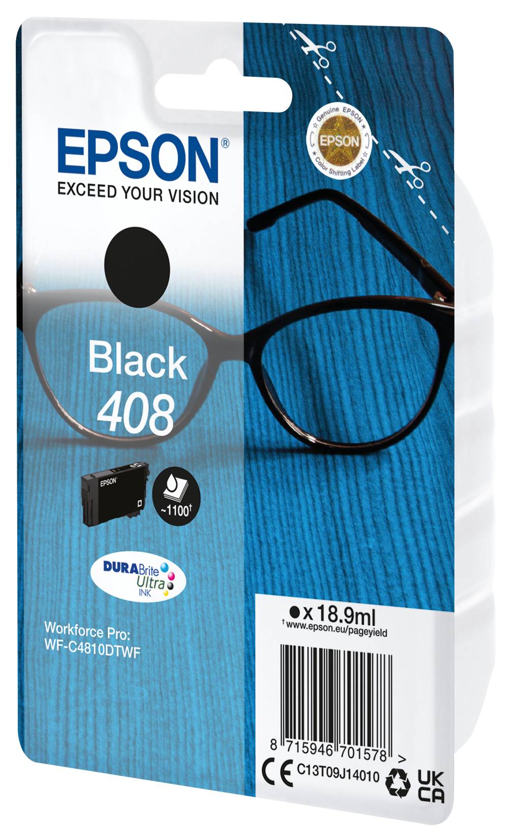 Epson Schwarz 408 Tintenpatrone Verpackung mit einer schwarzen Patrone für Workforce Pro WF-C4810DTWF Drucker.